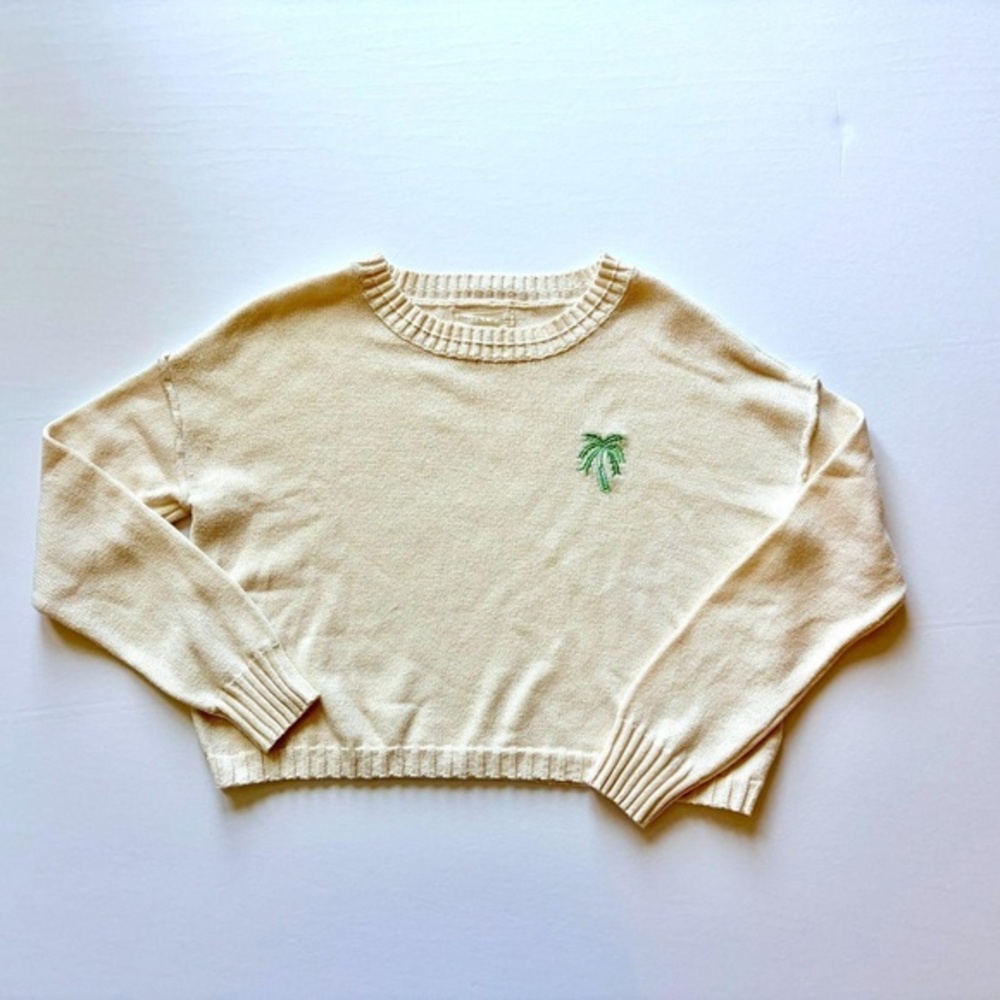 Happily Grey Cream Cropped Crewneck Sweater – Size S (Palm Tree Embroidery)